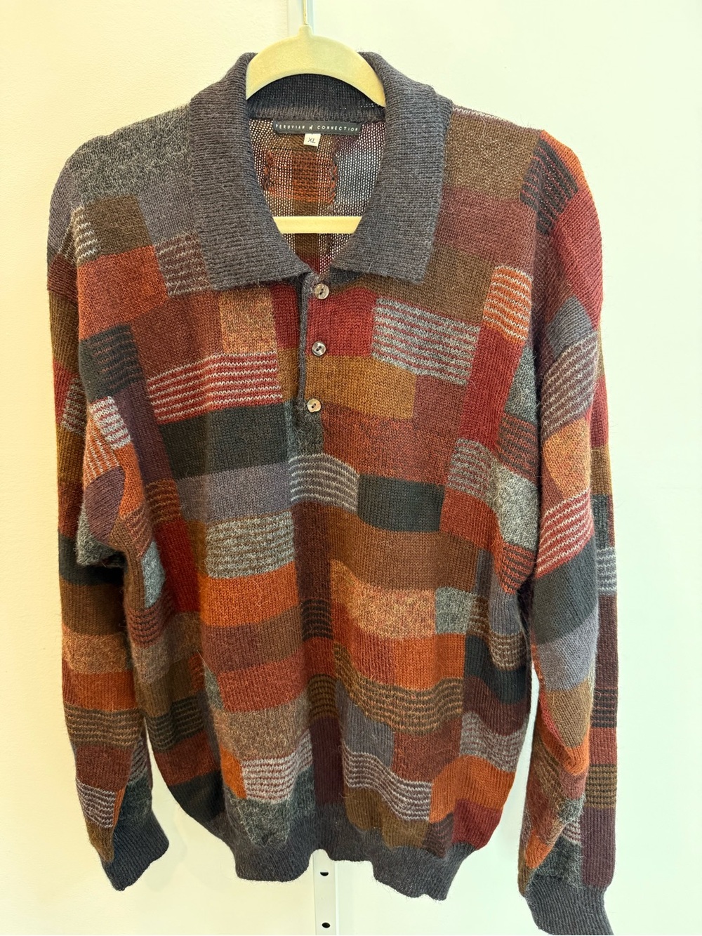 Peruvian Connection Men's Multicolor Patchwork Knit Polo Sweater Size XL Alpaca